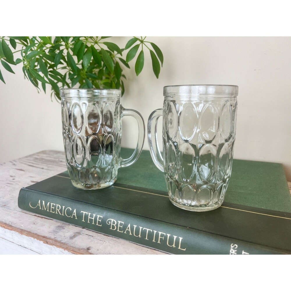 Vintage Dimpled Oval Dot/Thumbprint Pattern (Set Of 2) Beer Glasses W/Handles 5"